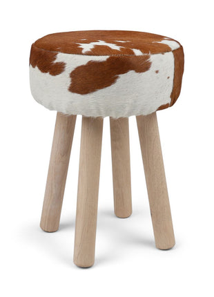 Holzhocker mit Kuhfell | 48xD34 cm Braun/Weiß