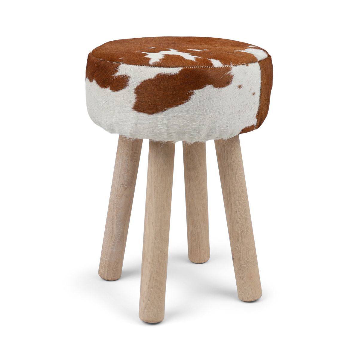 Holzhocker mit Kuhfell | 48xD34 cm Braun/Weiß