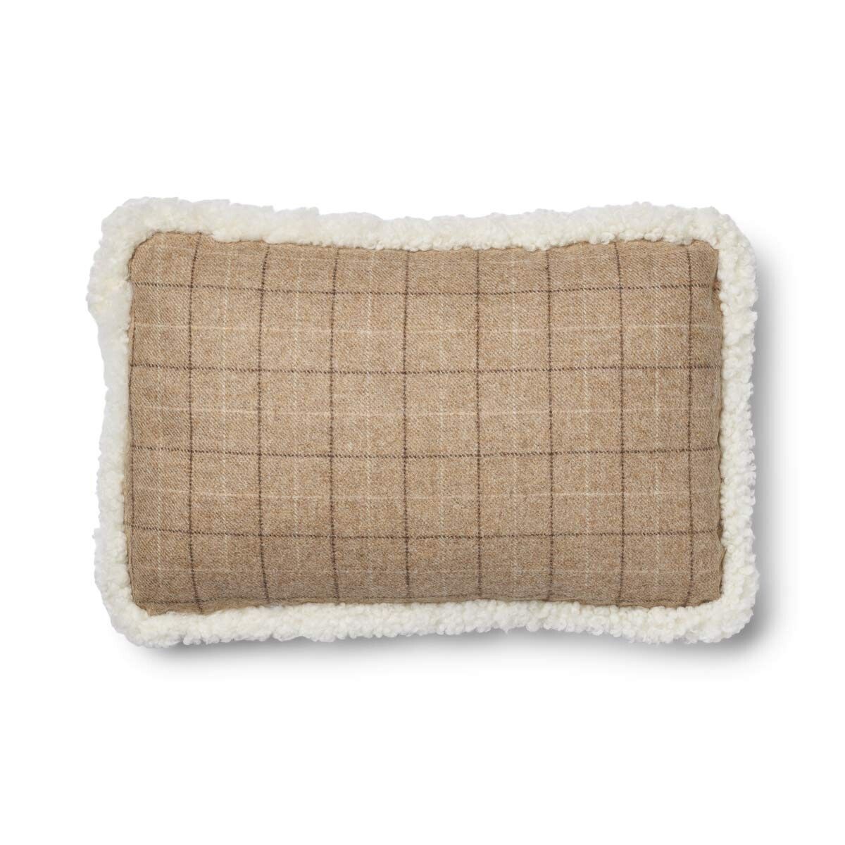 Kariertes Wollkissen | 100% Wolle | Fellborte | 52x52 cm | 34x52 cm Haferflocken-Beige/Elfenbein