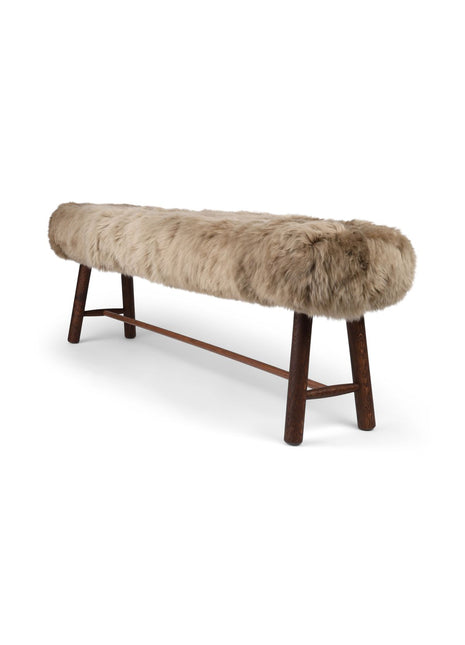 Holzbank mit Lammfell | Langhaar | Neuseeland | Dunkle Eichenbeine | 140x35x45 cm