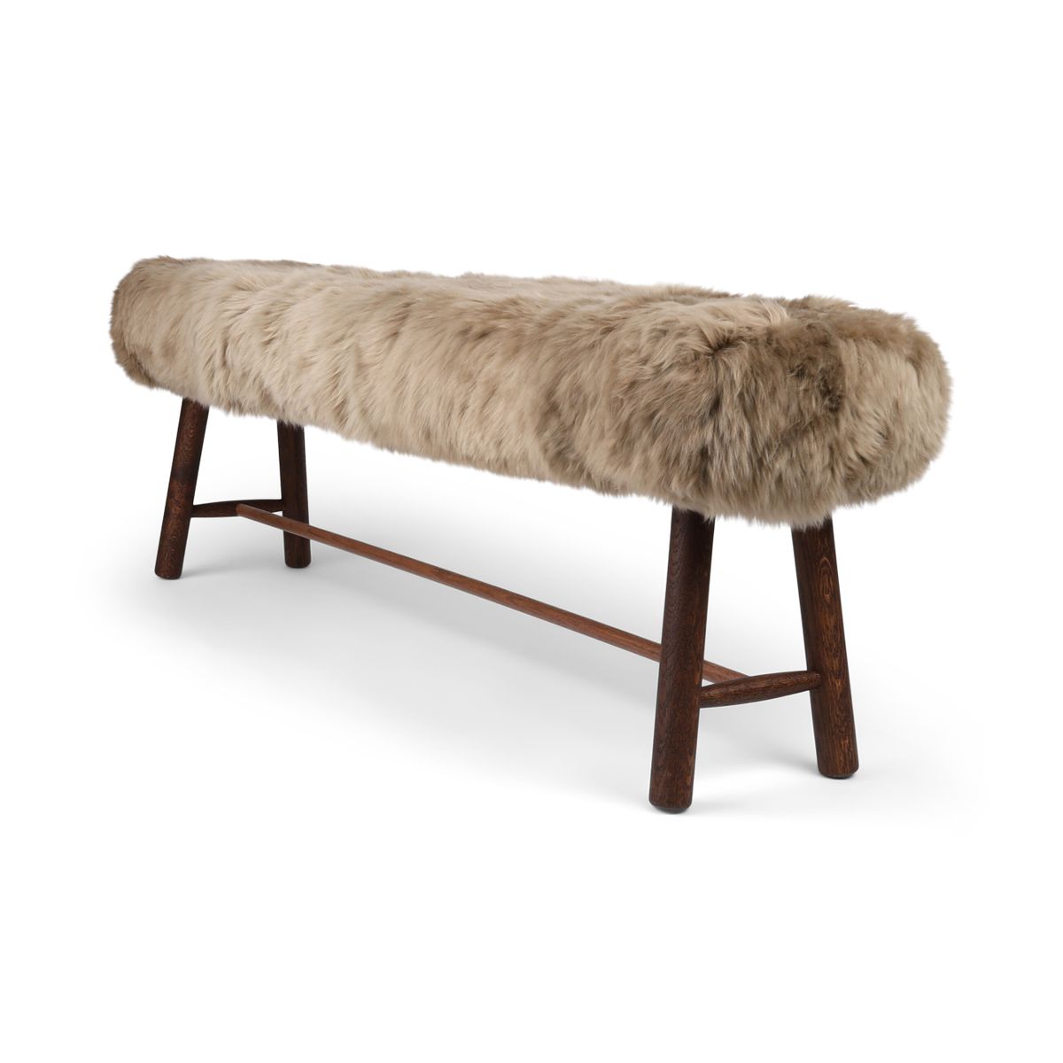 Holzbank mit Lammfell | Langhaar | Neuseeland | Dunkle Eichenbeine | 140x35x45 cm