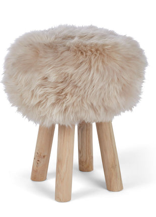Holzhocker mit Lammfell | Langhaar | Neuseeland | 48xD34 cm Leinen