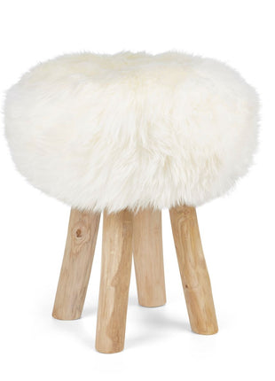 Holzhocker mit Lammfell | Langhaar | Neuseeland | 48xD34 cm Weiß