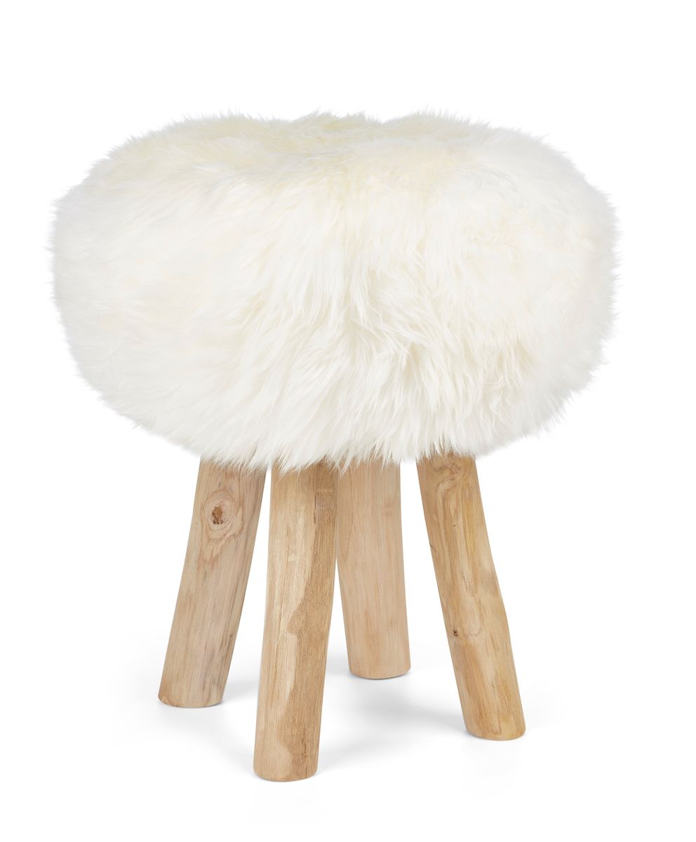 Holzhocker mit Lammfell | Langhaar | Neuseeland | 48xD34 cm Weiß
