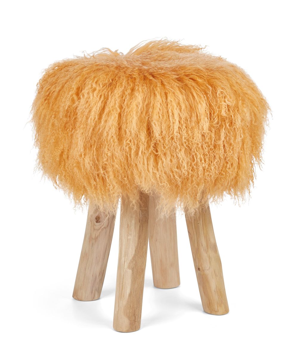 Holzhocker mit Lammfell | Tibet | 48xD34 cm Goldgelb