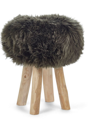 Holzhocker mit Lammfell | Langhaar | Neuseeland | 48xD34 cm Heckengrün