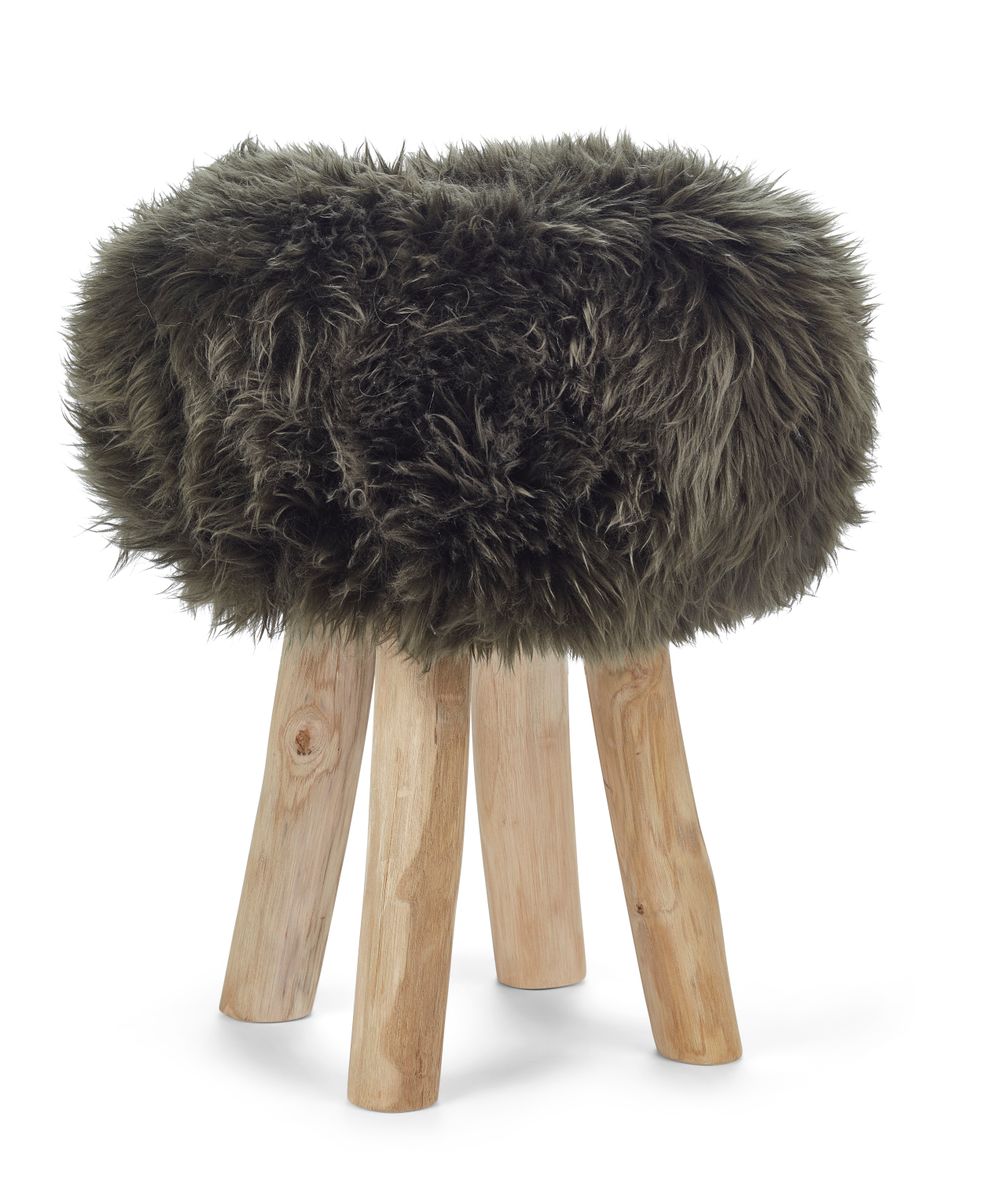 Holzhocker mit Lammfell | Langhaar | Neuseeland | 48xD34 cm Heckengrün