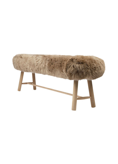 Holzbank mit Lammfell | Langhaar | Neuseeland | Eichbeine | 140x35x45 cm