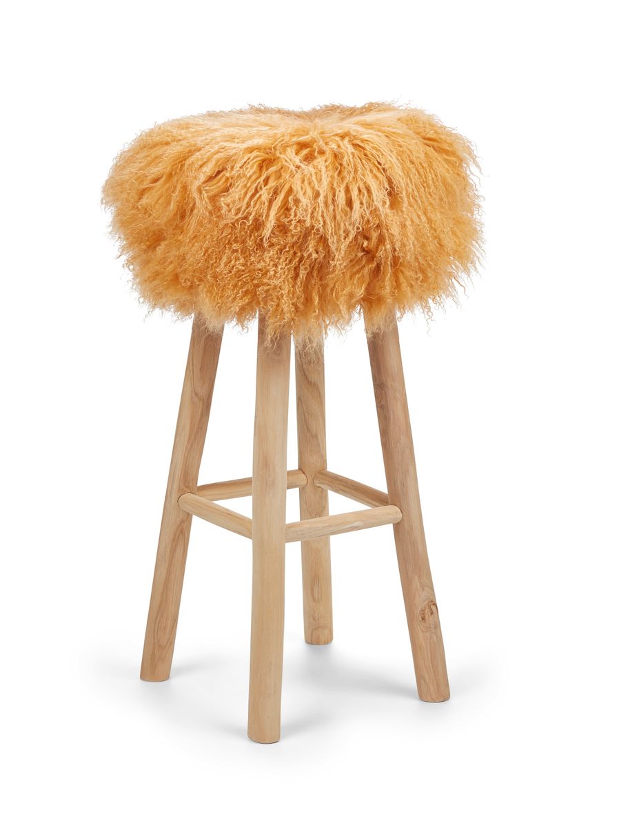 Holzbarhocker mit Lammfell | Tibet Goldgelb