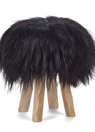 Holzhocker mit Lammfell | Island | 48xD34 cm Schwarz