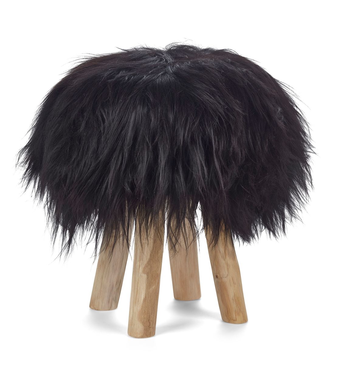 Holzhocker mit Lammfell | Island | 48xD34 cm Schwarz