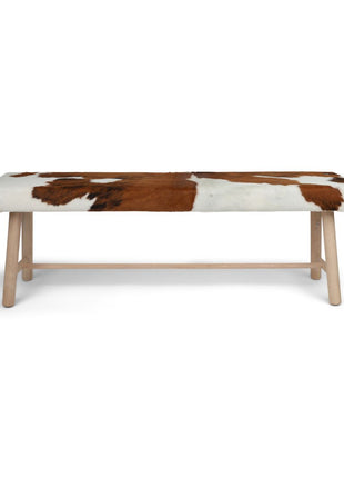 Holzbank mit Kuhfell | Eichenbeine | 140x35x45 cm Braun/Weiß