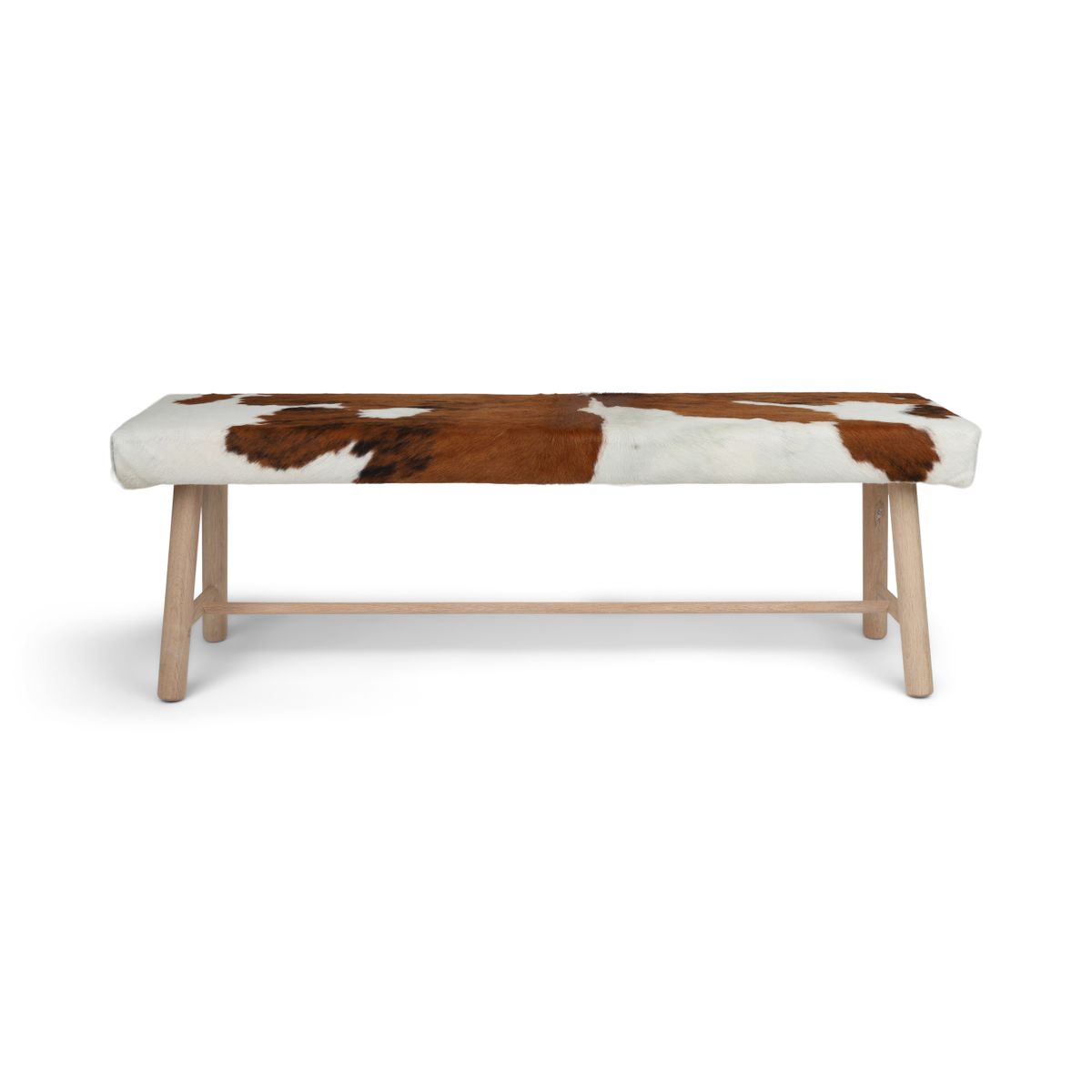 Holzbank mit Kuhfell | Eichenbeine | 140x35x45 cm Braun/Weiß