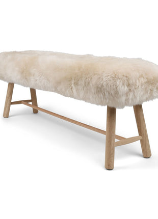 Holzbank mit Lammfell | Langhaar | Neuseeland | Eichenbeine | 140x35x45 cm