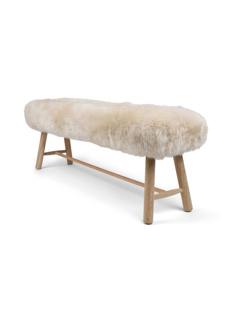 Holzbank mit Lammfell | Langhaar | Neuseeland | Eichenbeine | 140x35x45 cm