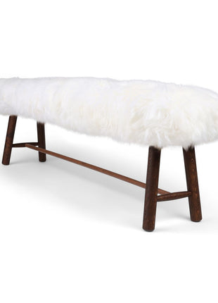 Holzbank mit Lammfell | Langhaar | Neuseeland | Dunkle Eichenbeine | 140x35x45 cm Weiß