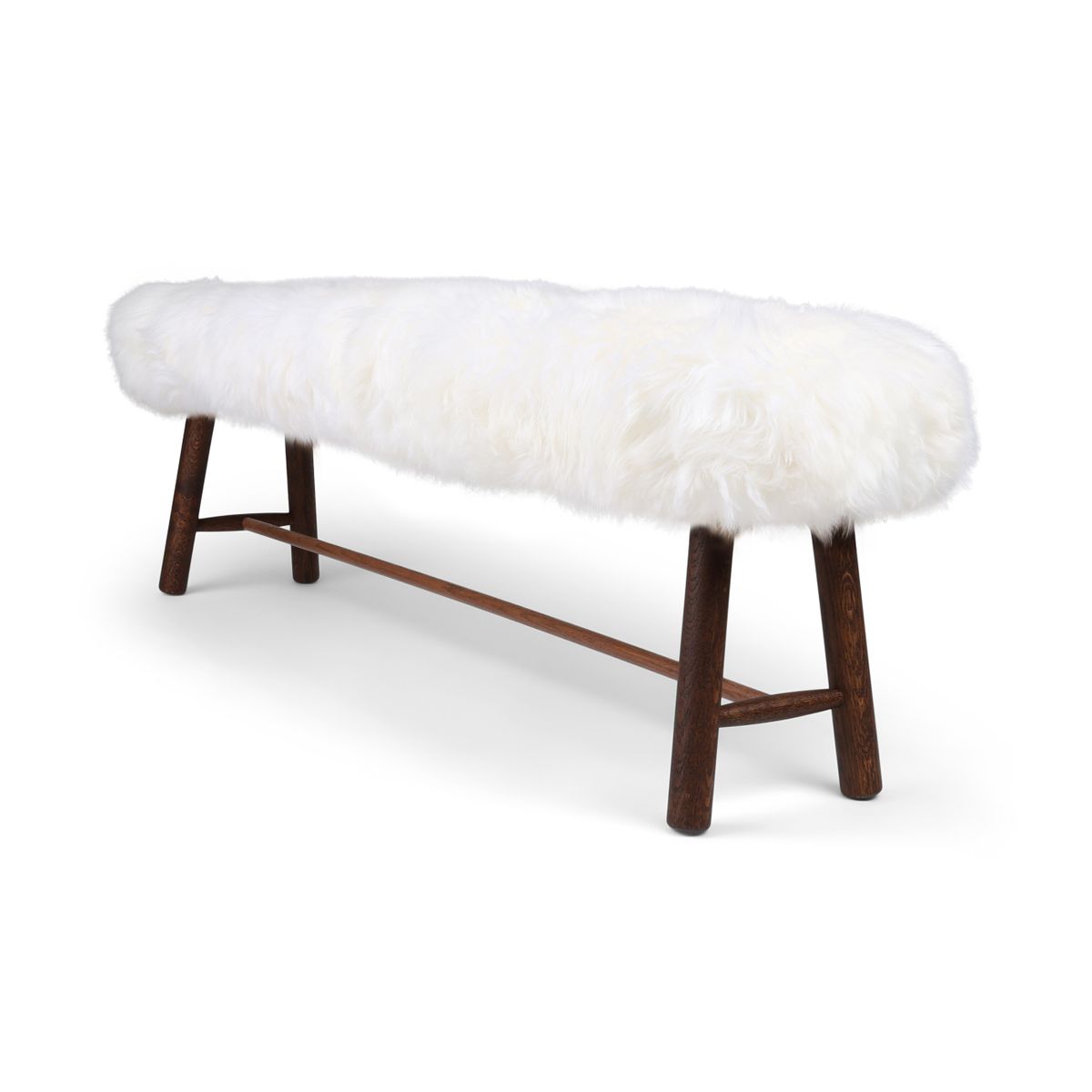 Holzbank mit Lammfell | Langhaar | Neuseeland | Dunkle Eichenbeine | 140x35x45 cm Weiß