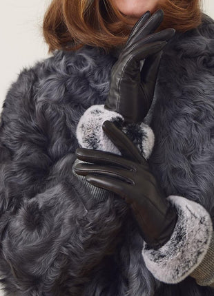 Kathy | Lederhandschuhe | Fuchspelz | Damenhandschuhe Schwarz/Schneespitze