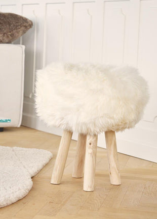Holzhocker mit Lammfell | Langhaar | Neuseeland | 48xD34 cm Heckengrün