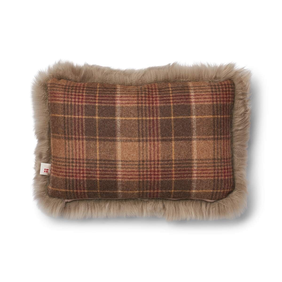 Kariertes Lammfellkissen | Langhaar | Neuseeland | 100% Wolle | 52x52 cm | 34x52 cm Kakao-Dunkelbraun/Taupe