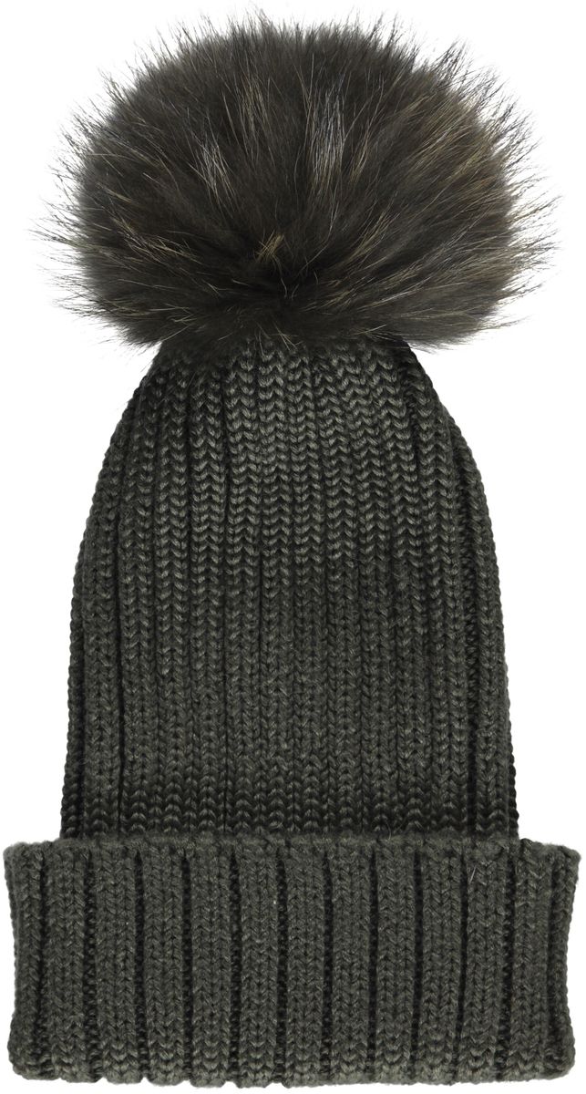 Wollmütze Sheila | Bommel aus Waschbärfell Heckengrün/Heckengrün